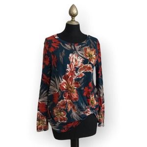 Bombom Teal and Red Long Sleeve Floral Top Size Small